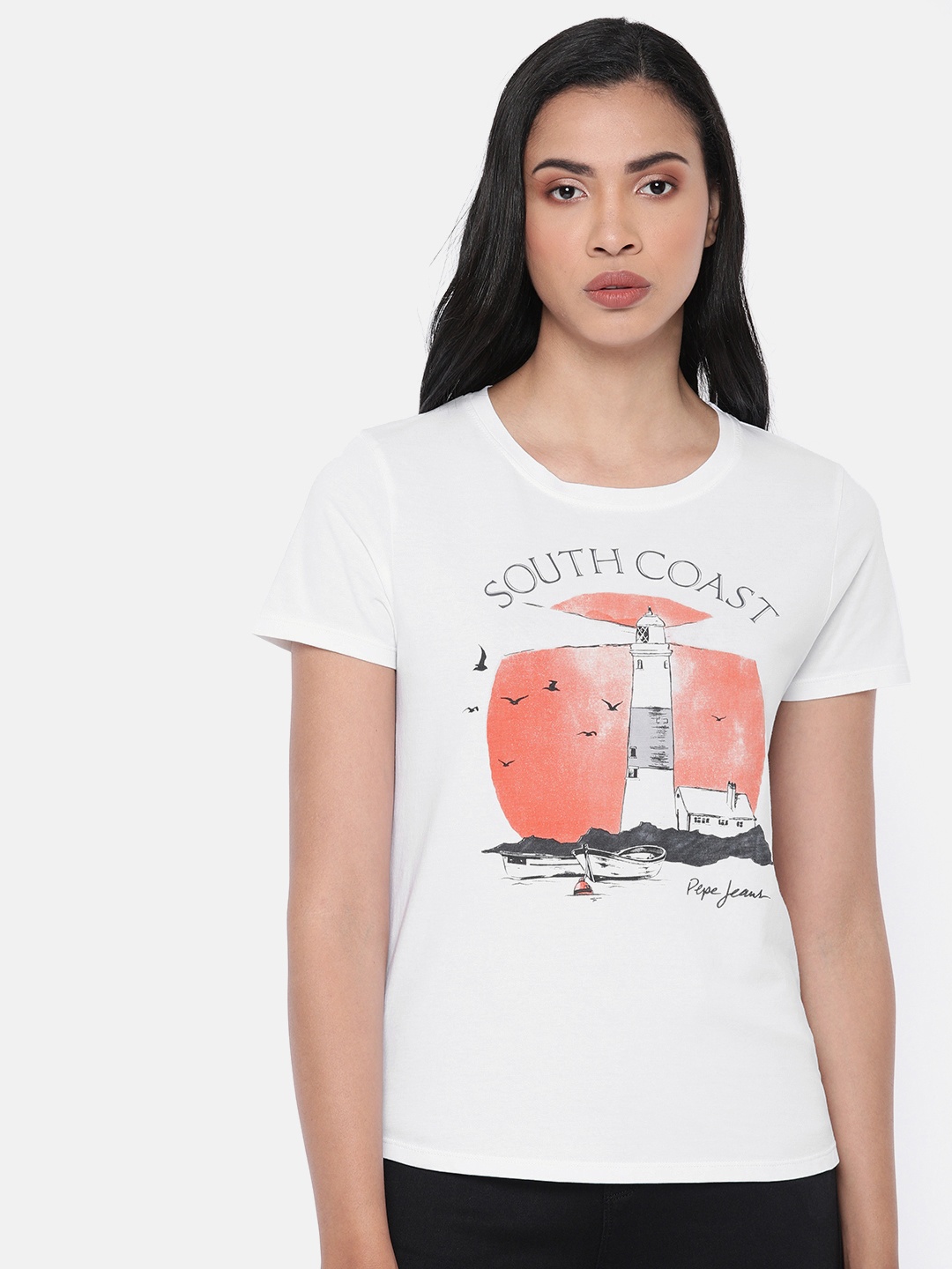 

Pepe Jeans Women White Francesca Printed Round Neck Pure Cotton T-shirt