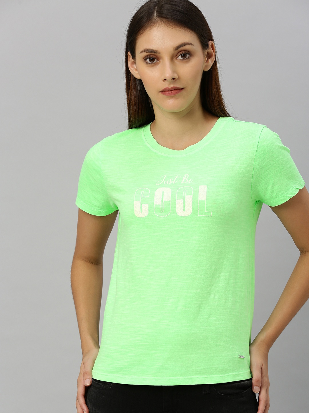 

Pepe Jeans Women Lime Green Printed Round Neck Pure Cotton T-shirt