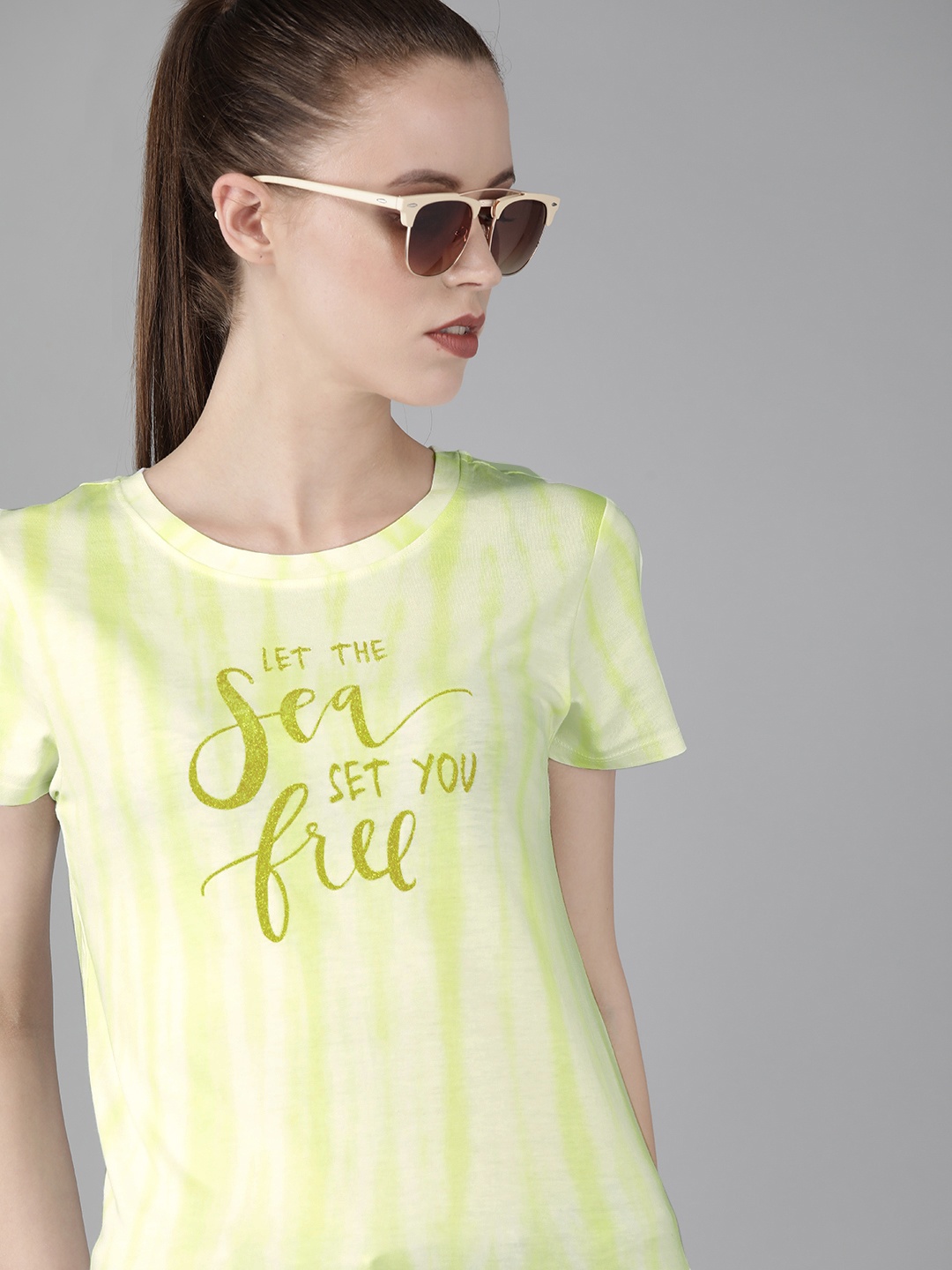 

Pepe Jeans Women Lime Green & White Printed Embellished Round Neck T-shirt