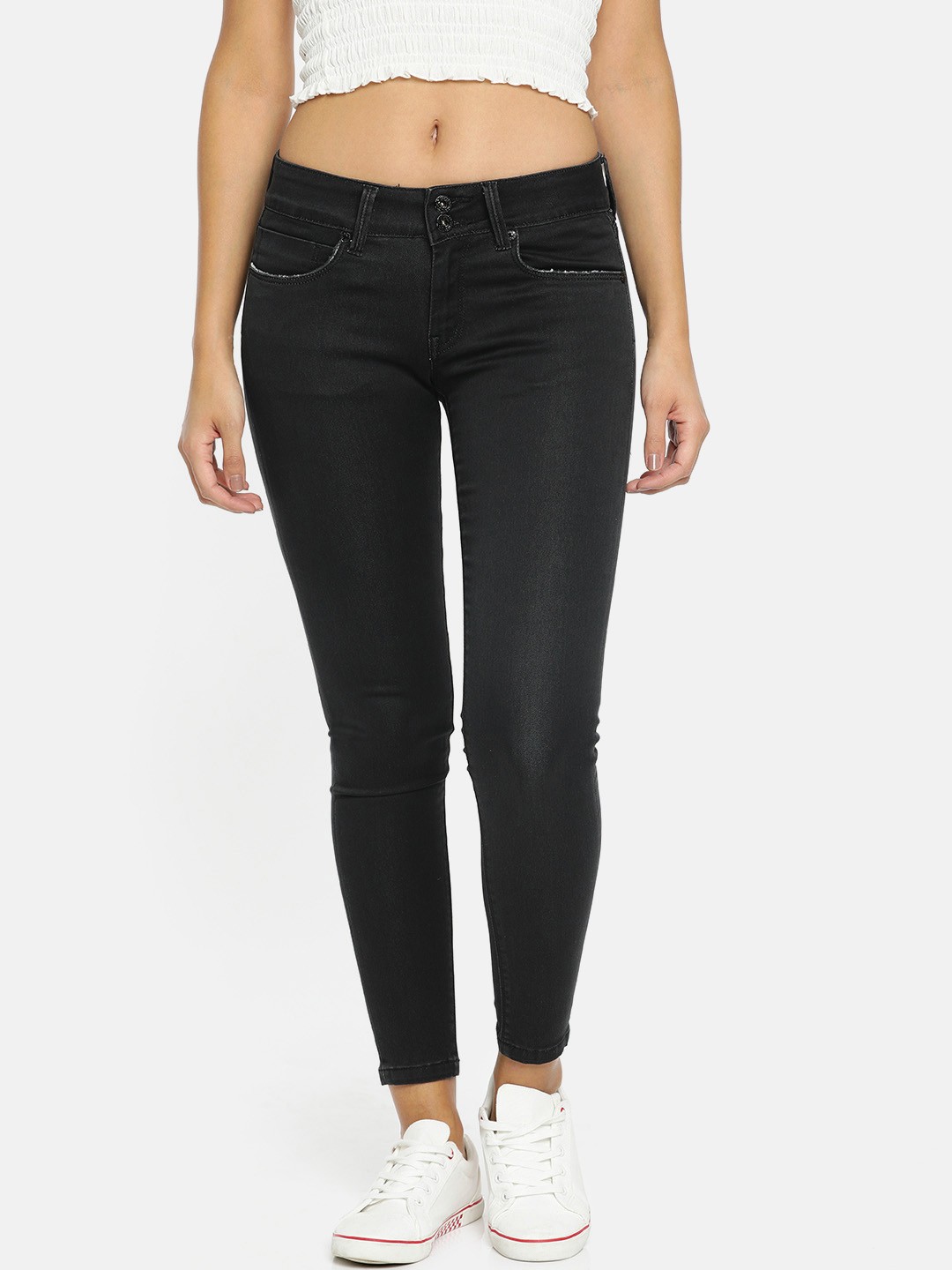 

Pepe Jeans Women Black Lola Slim Fit Mid-Rise Clean Look Stretchable Cropped Jeans