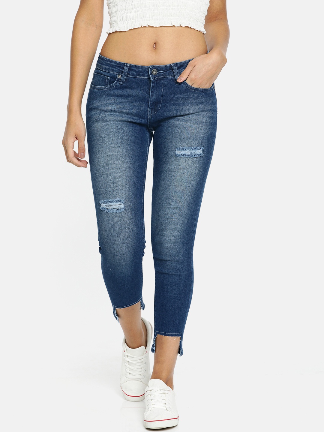 

Pepe Jeans Women Blue Lola Slim Fit Mid-Rise Low Distress Stretchable Cropped Jeans