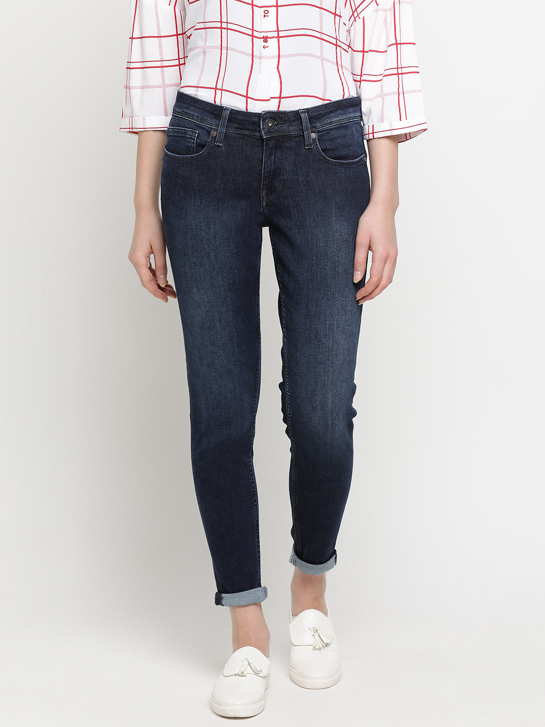 

Pepe Jeans Women Navy Blue Slim Fit Mid-Rise Clean Look Stretchable Jeans