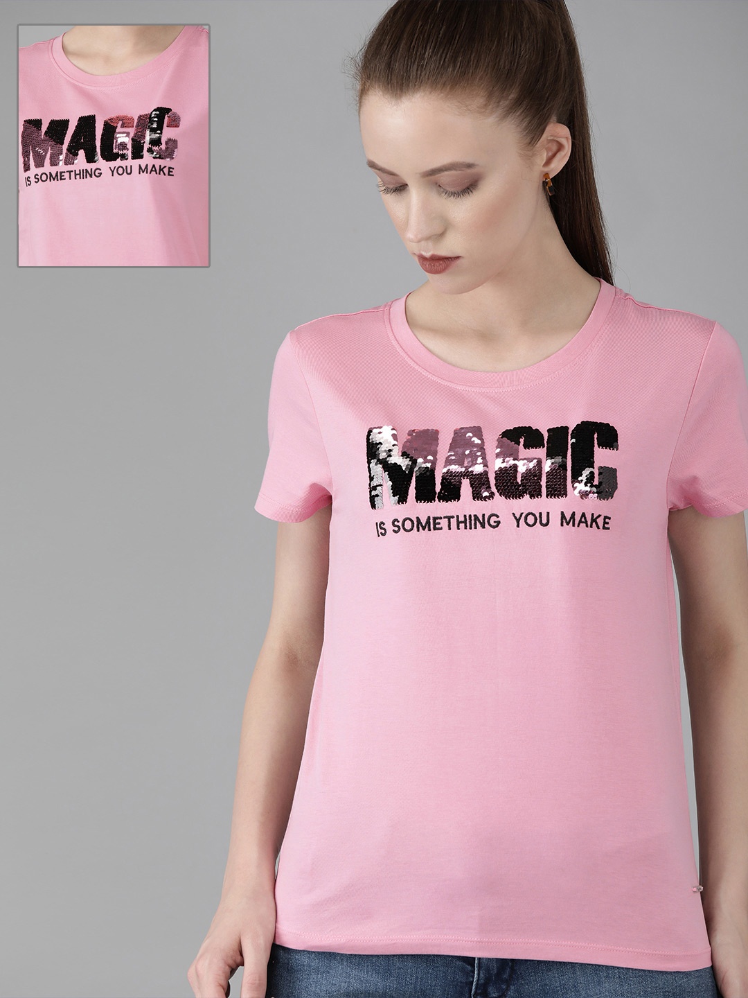 

Pepe Jeans Women Pink Printed Round Neck Pure Cotton T-shirt With Embellished Detail