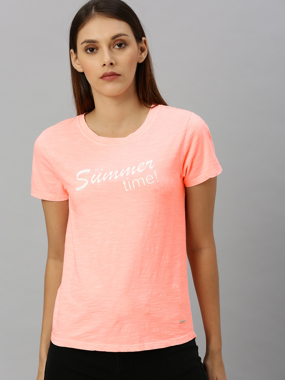 

Pepe Jeans Women Coral Orange Printed Round Neck Pure Cotton T-shirt