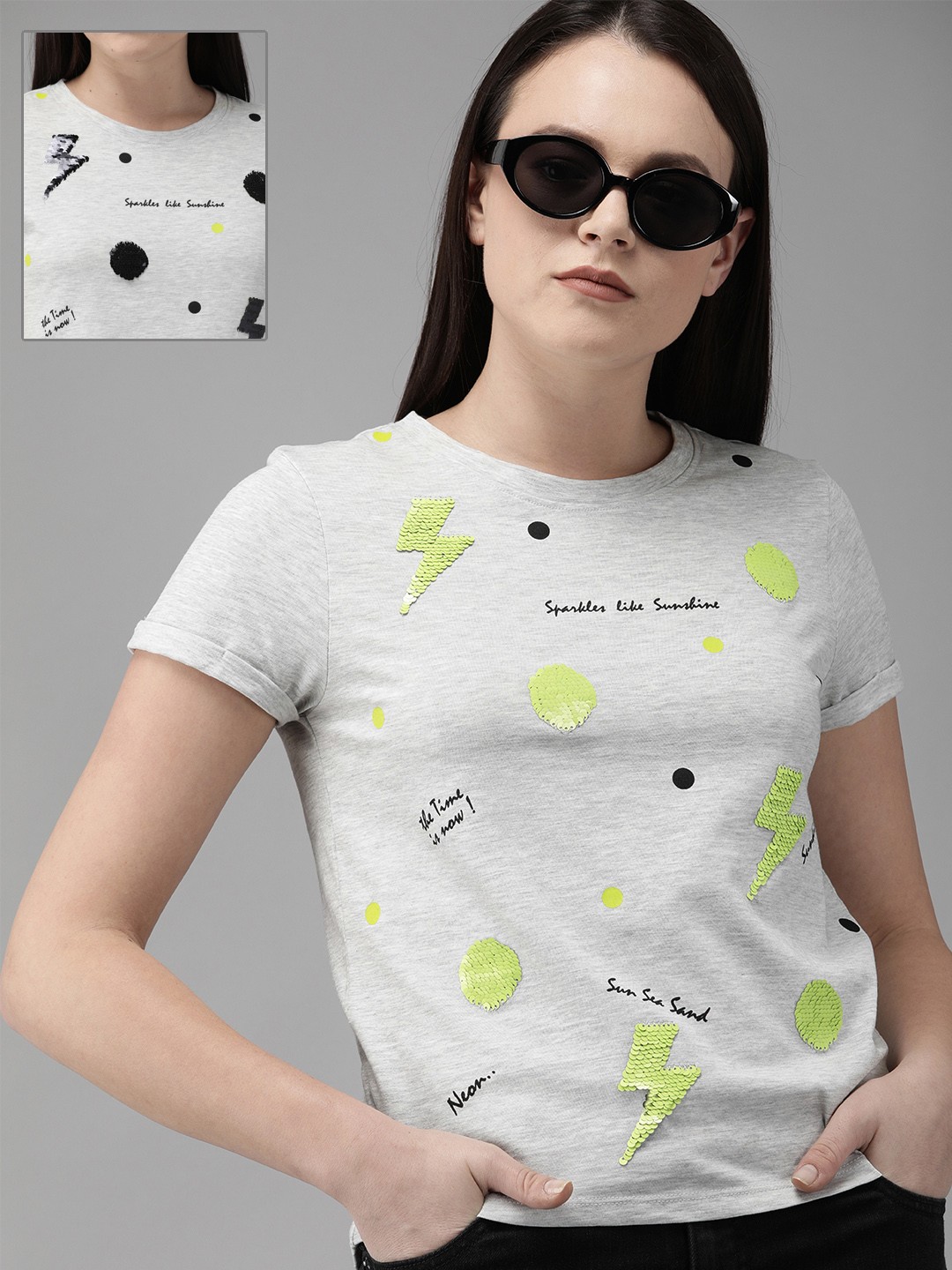 

Pepe Jeans Women Grey Melange Mermaid Sequins Printed Round Neck T-shirt