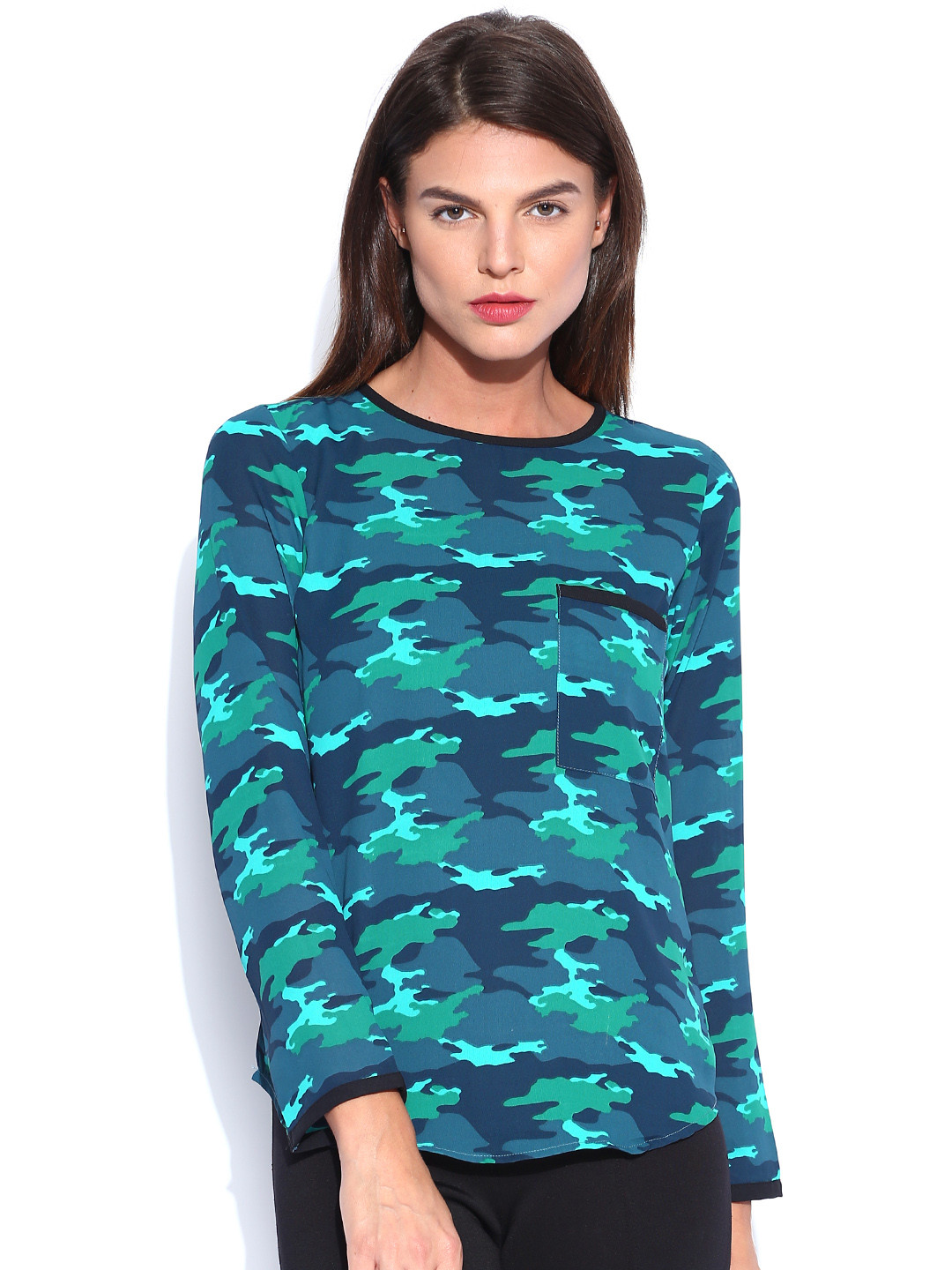 

Tokyo Talkies Teal Blue & Green Camouflage Print Top