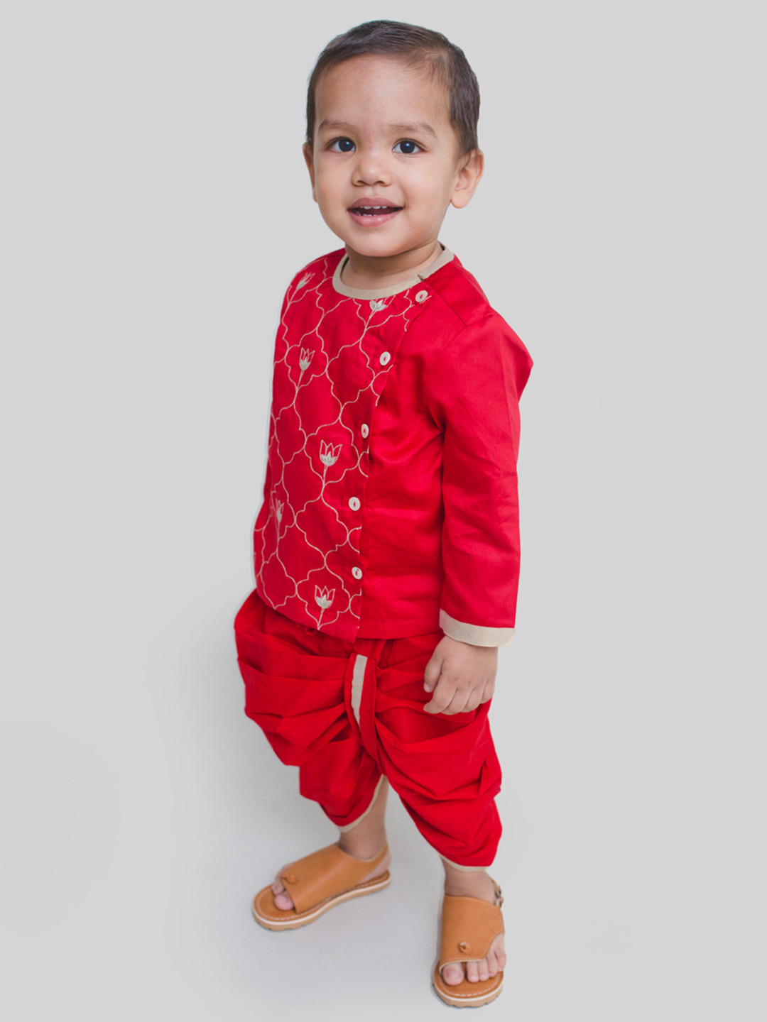 

Tiber Taber Boys Red Embroidered Kurta with Dhoti Pants