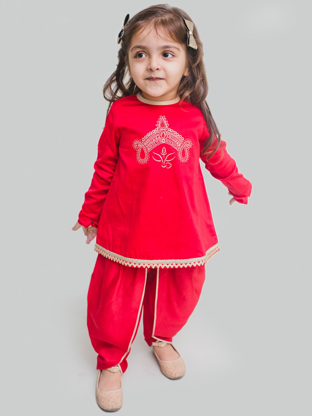 

Tiber Taber Girls Red Embroidered Kurta with Dhoti Pants