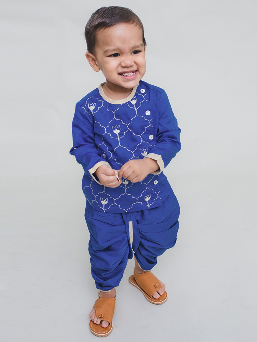 

Tiber Taber Boys Blue Embroidered Kurta with Dhoti Pants
