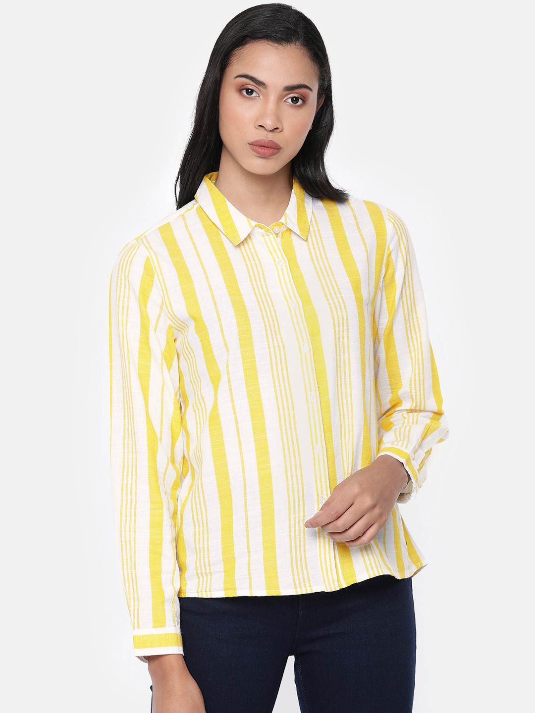 

Pepe Jeans Women Yellow & White Joley Regular Fit Striped Casual Shirt