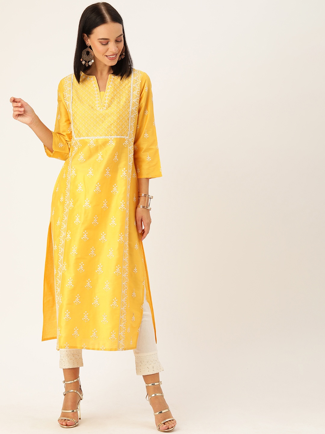 

House of Pataudi Women Yellow & White Embroidered Straight Kurta