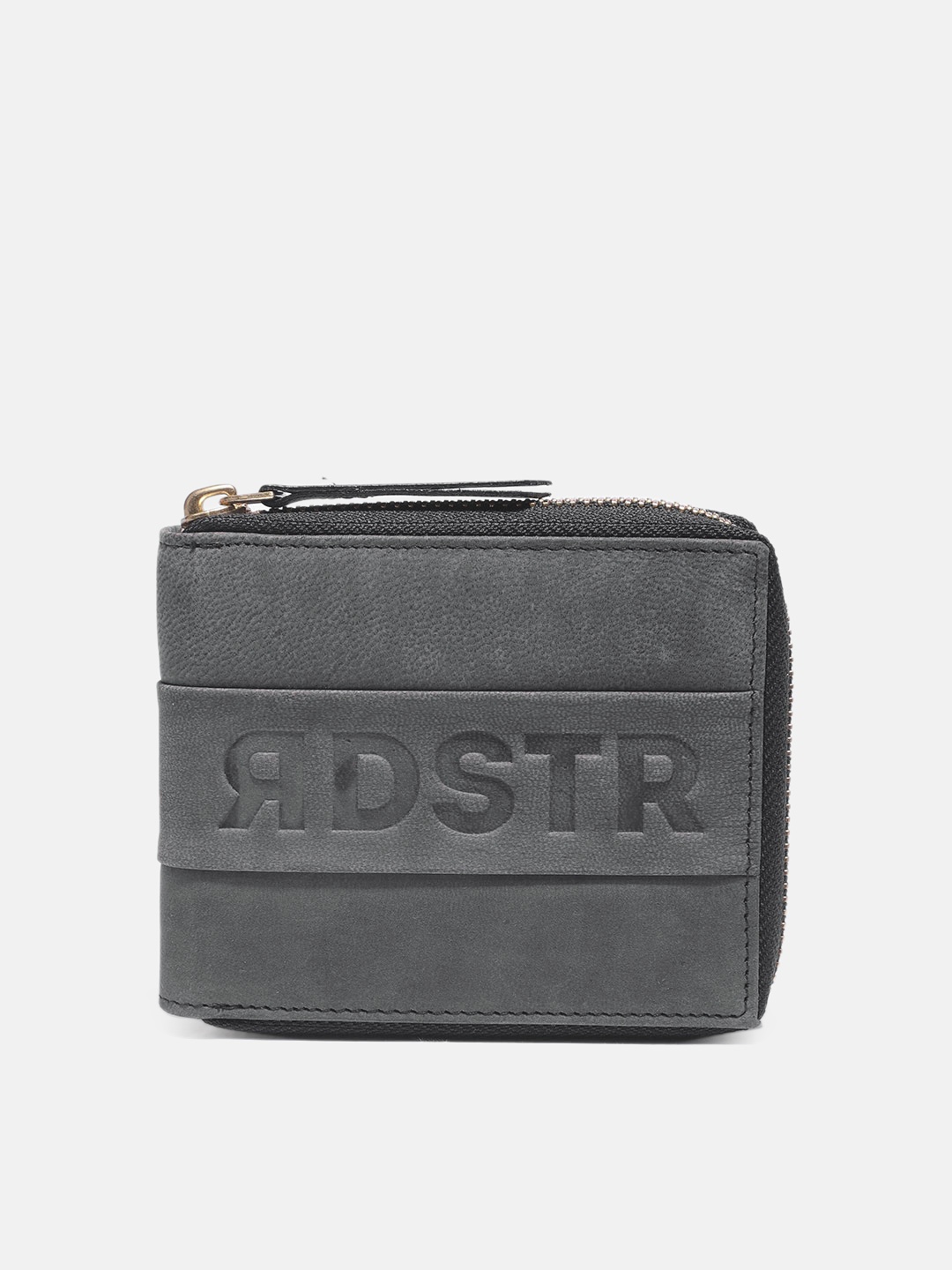 

Roadster Men Charcoal Black Brand Logo Printed Leather Zip Around Wallet