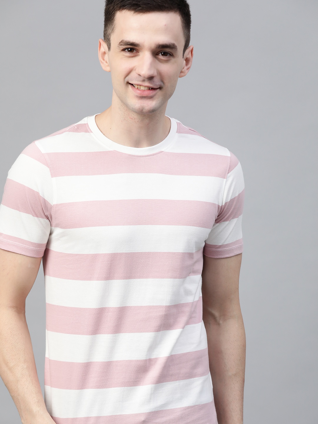 

Mast & Harbour Men Dusty Pink & White Striped Round Neck T-shirt