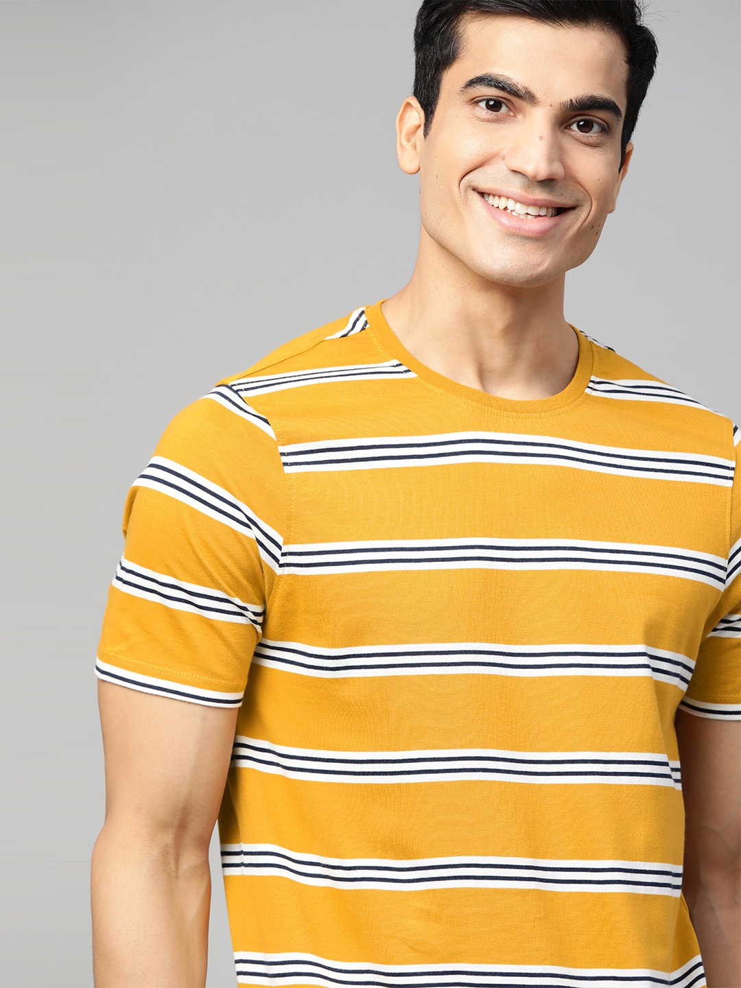 

Mast Harbour Men Mustard Yellow White Striped Round Neck Pure Cotton T-shirt