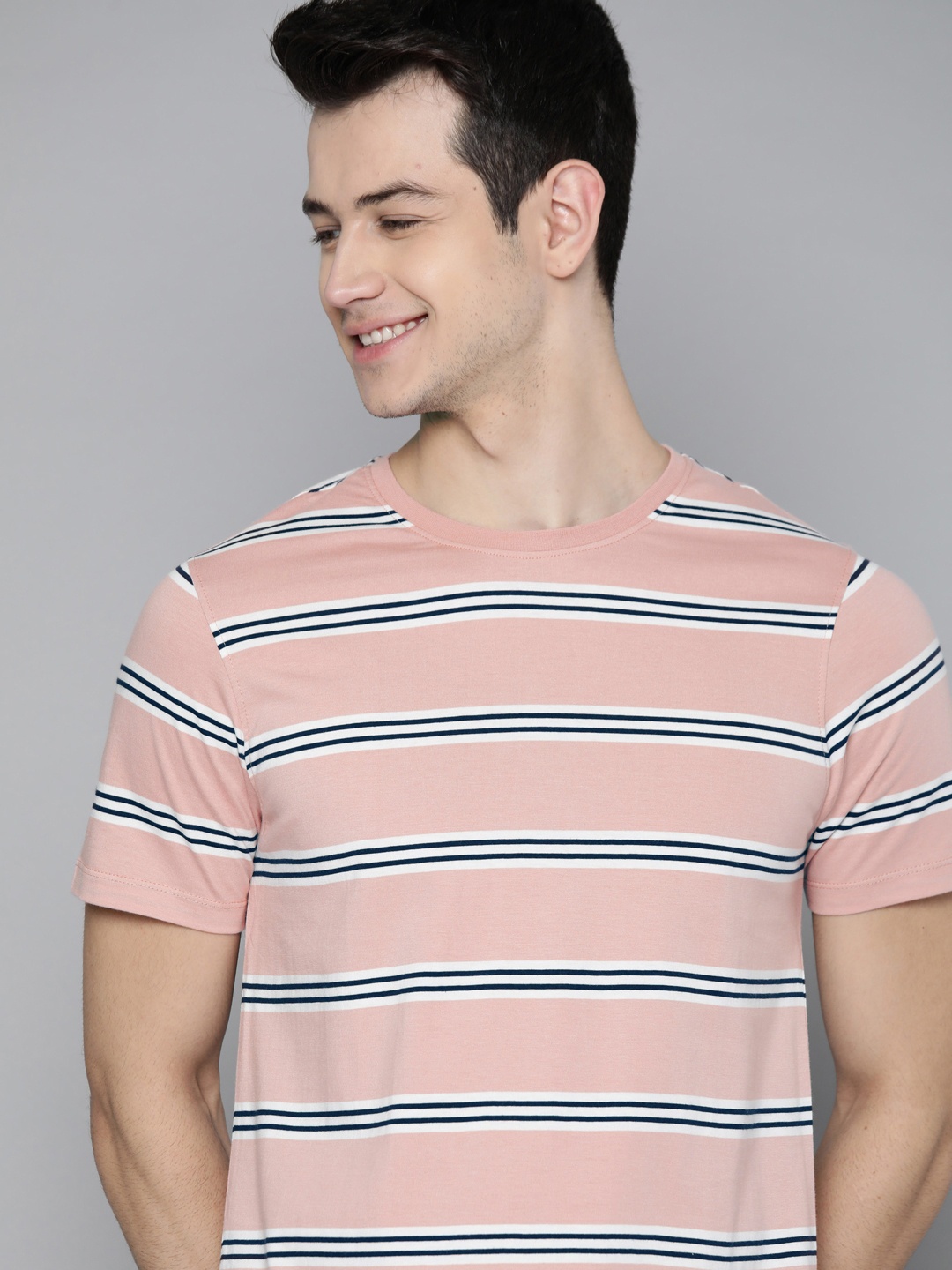 

Mast Harbour Men Pink Black Striped Round Neck Pure Cotton T-shirt