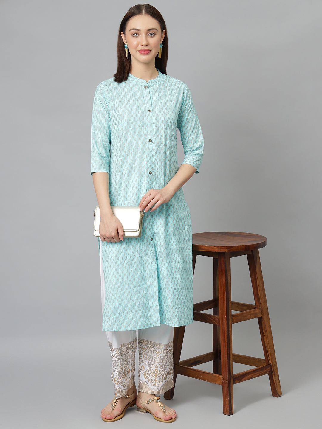 

Khushal K Women Blue & White Printed Kurta with Palazzos