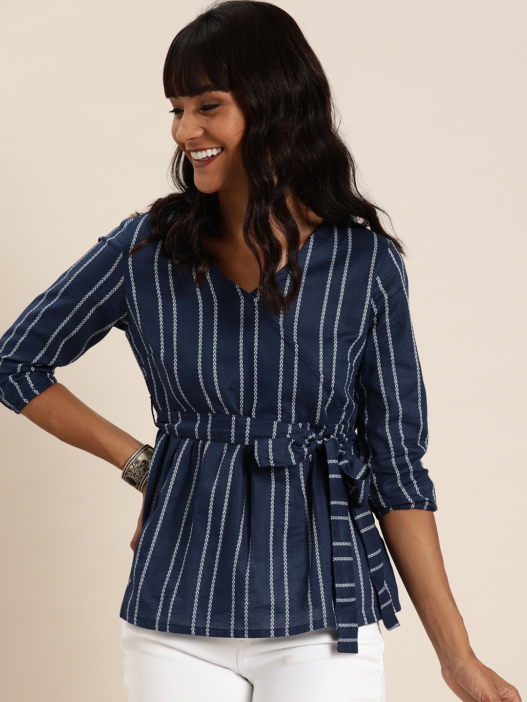 

Taavi Navy Blue & White Woven Legacy Striped Wrap Pure Cotton Top