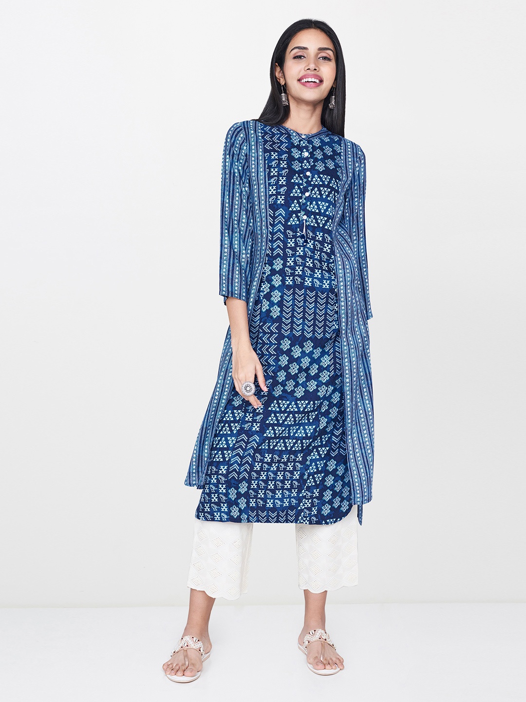 

Global Desi Women Navy Blue & Off-White Printed A-Line Layered Kurta