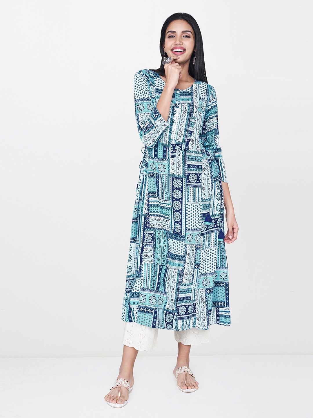 

Global Desi Women Blue & White Printed A-Line Kurta