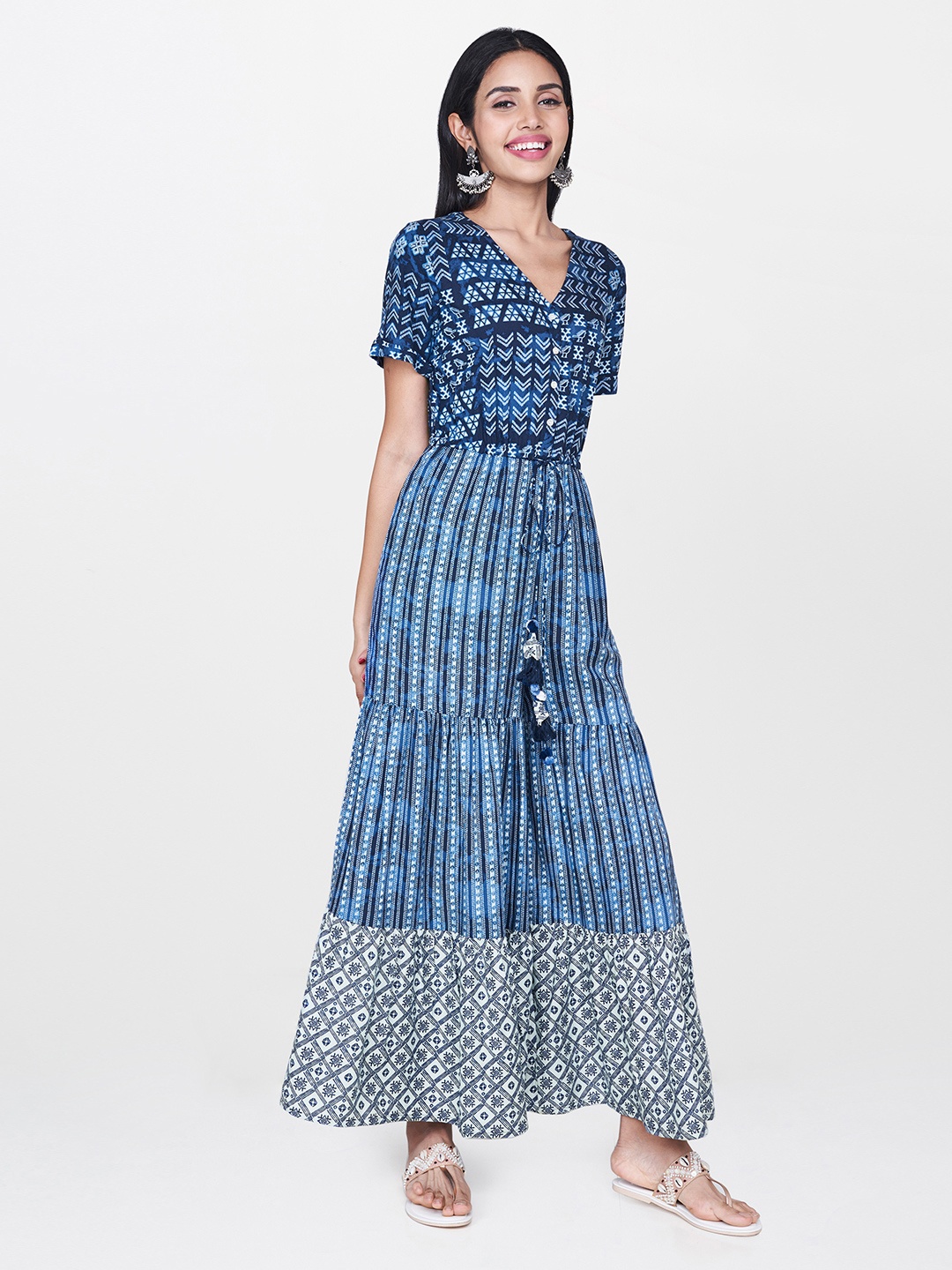 

Global Desi Women Blue & White Printed Basic Jumpsuit With Tie-Ups