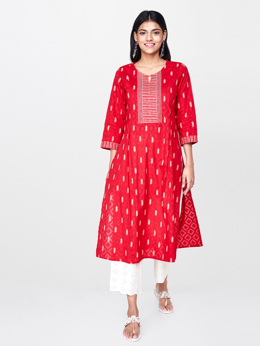 

Global Desi Women Red & Off-White Printed A-Line Kurta