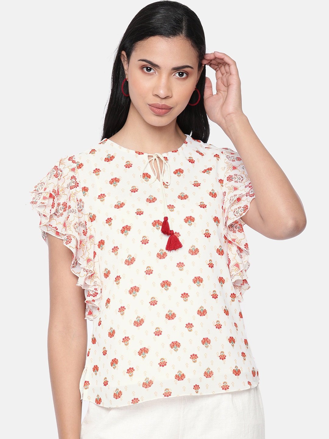 

Global Desi Women White & Red Floral Print Regular Top