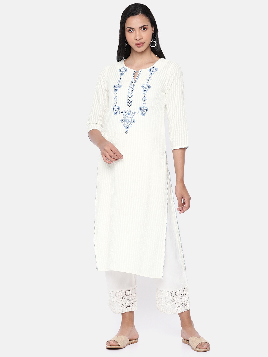 

Global Desi Women White & Blue Woven Design A-Line Kurta with Embroidered Detail