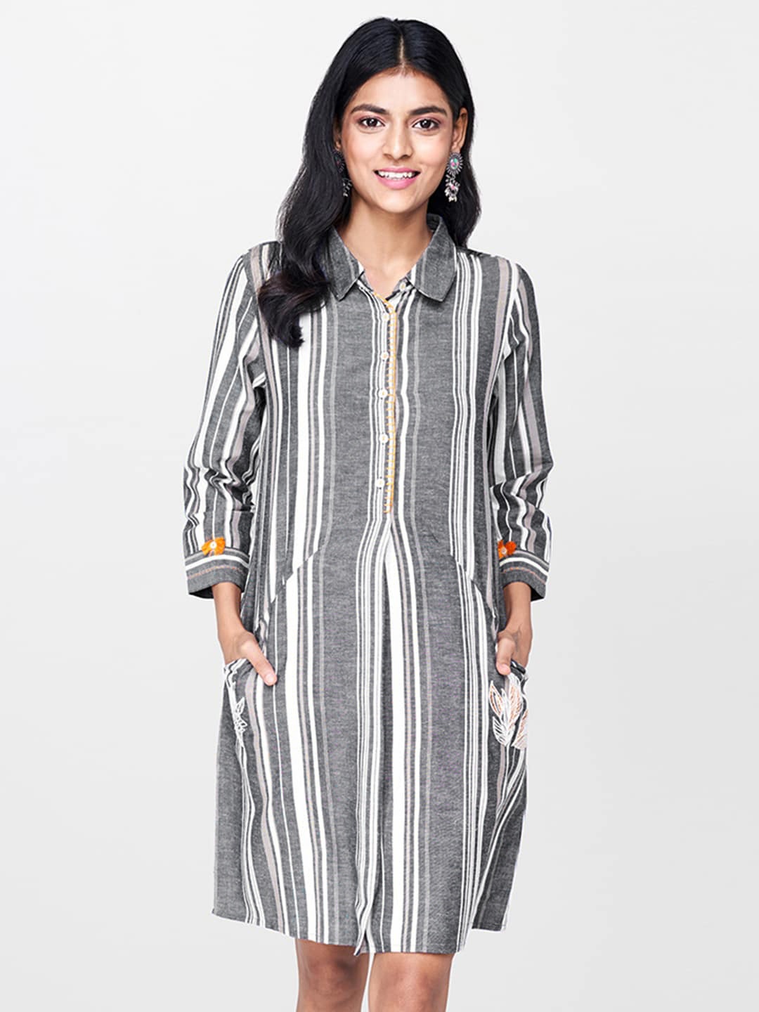 

Global Desi Women Grey & White Striped Shirt Dress with Embroidery