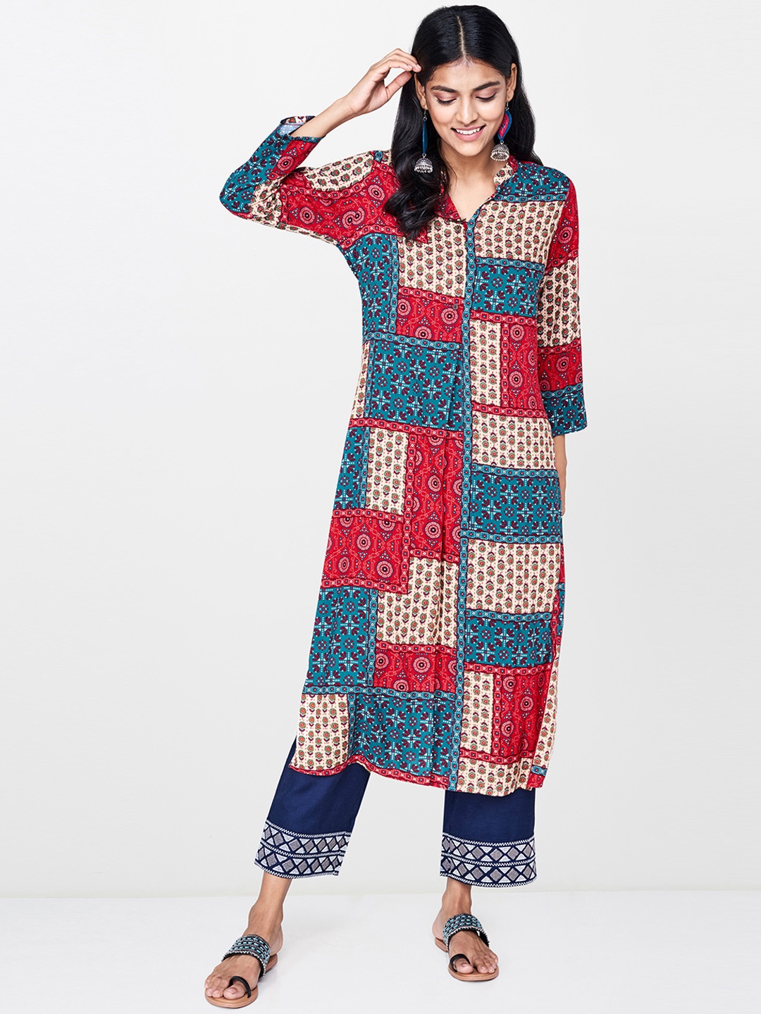 

Global Desi Women Teal Blue & Red Printed Straight Kurta