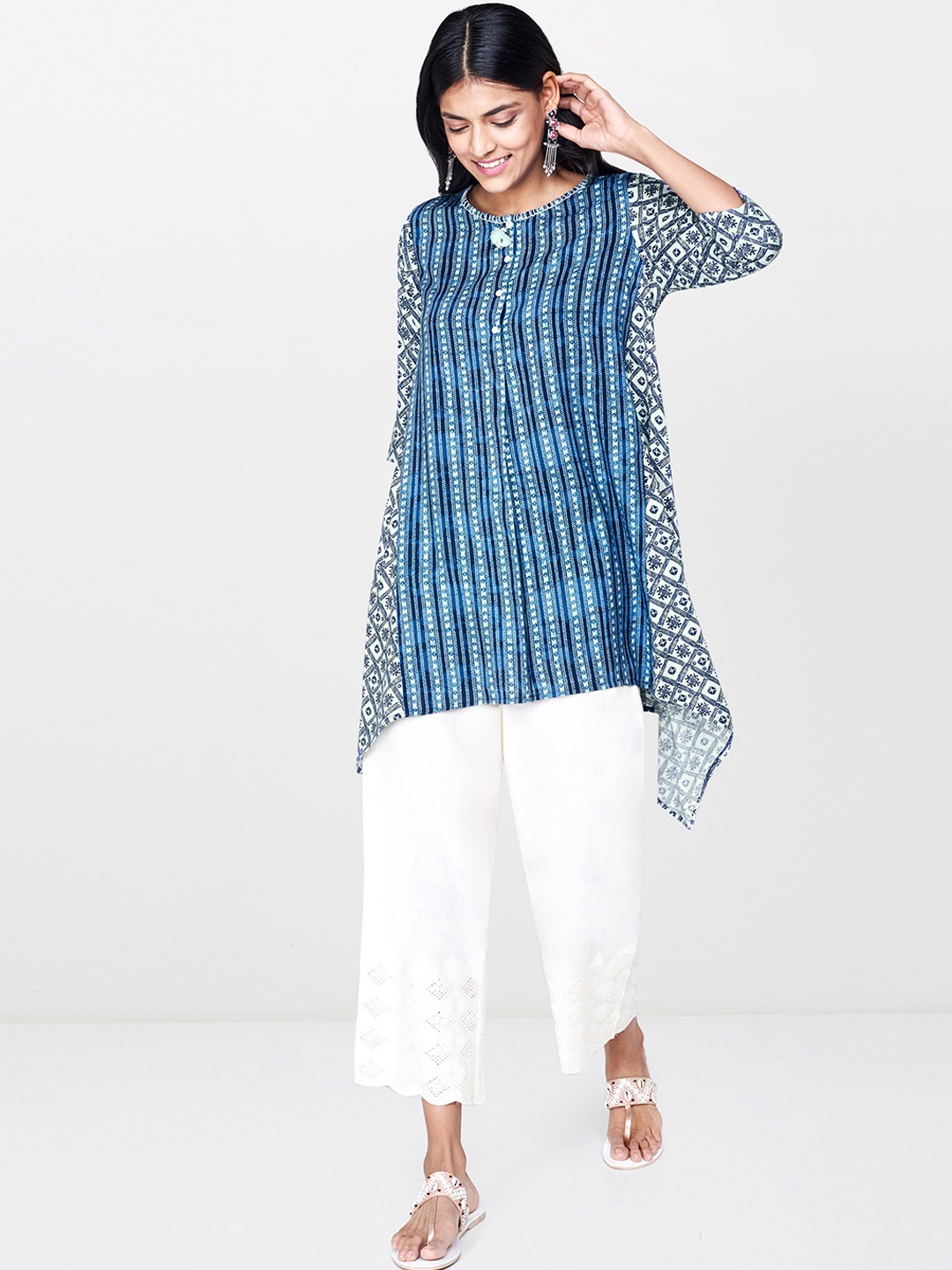 

Global Desi Women Blue Striped Tunic