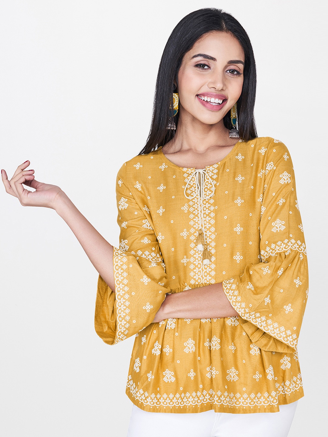 

Global Desi Women Mustard Yellow & White Ethnic Print Top