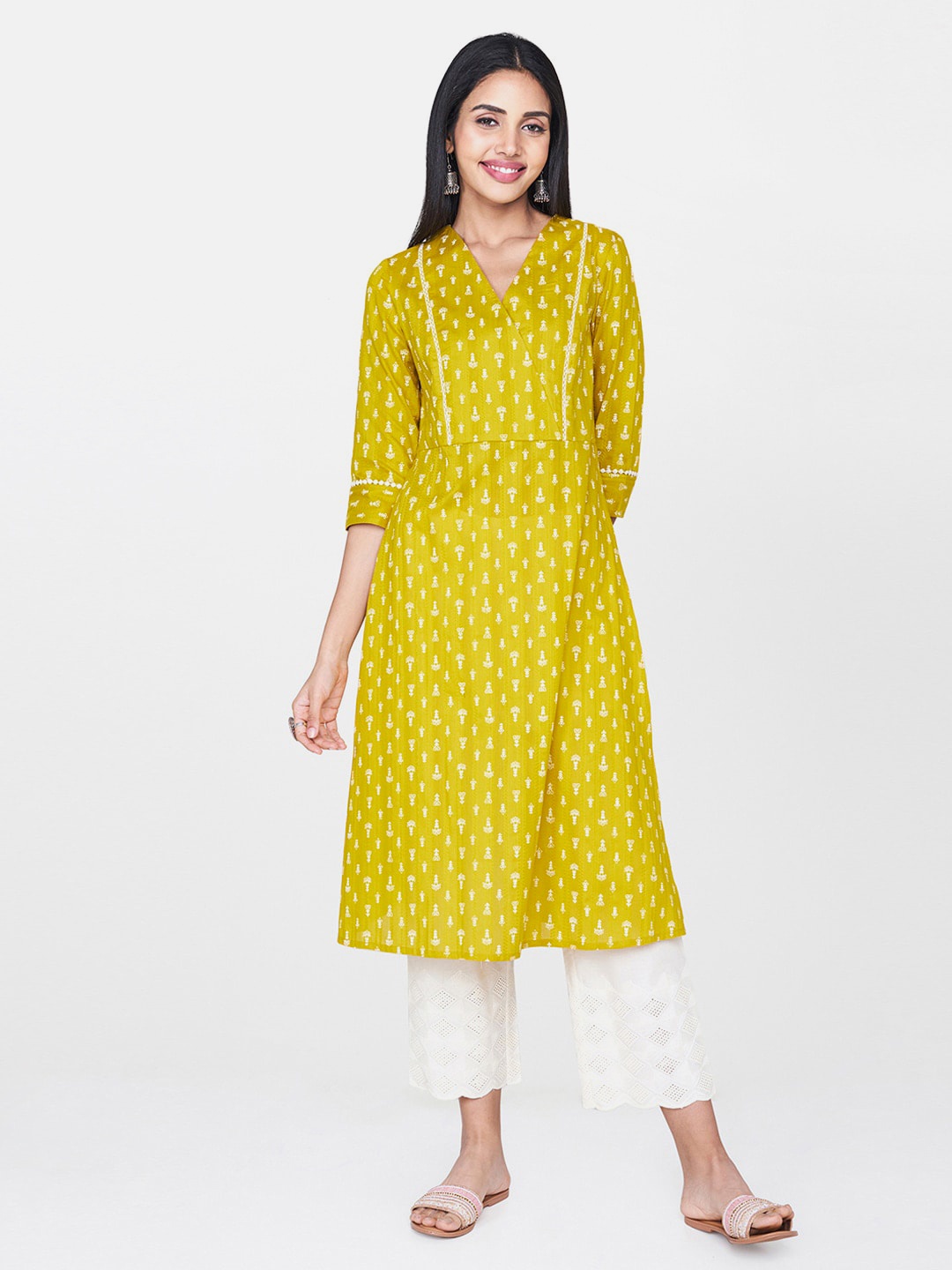 

Global Desi Women Mustard Yellow & White Printed A-Line Angrakh Kurta