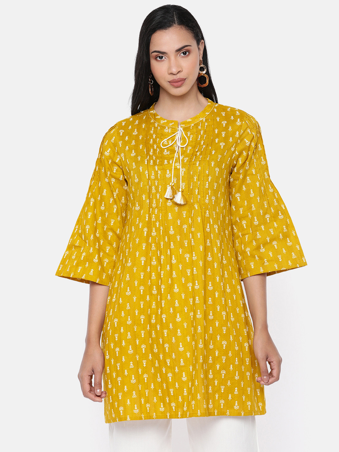 

Global Desi Women Mustard Yellow & Off-White Printed A-Line Kurta