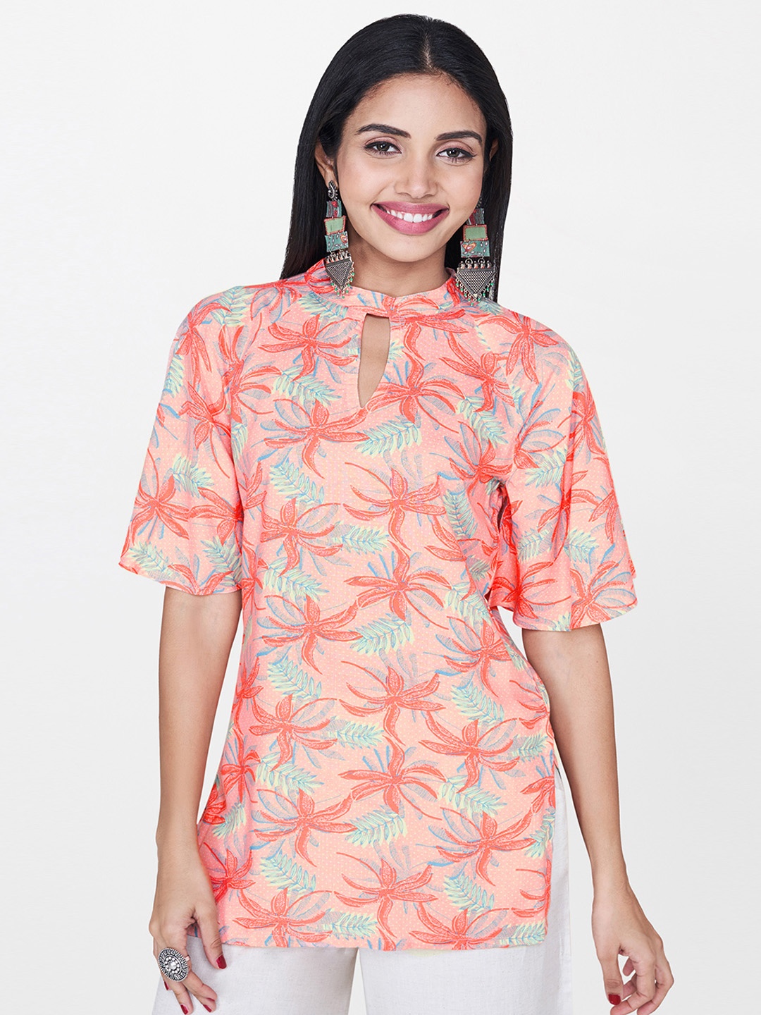 

Global Desi Women Pink & Teal Blue Tropical Print Top