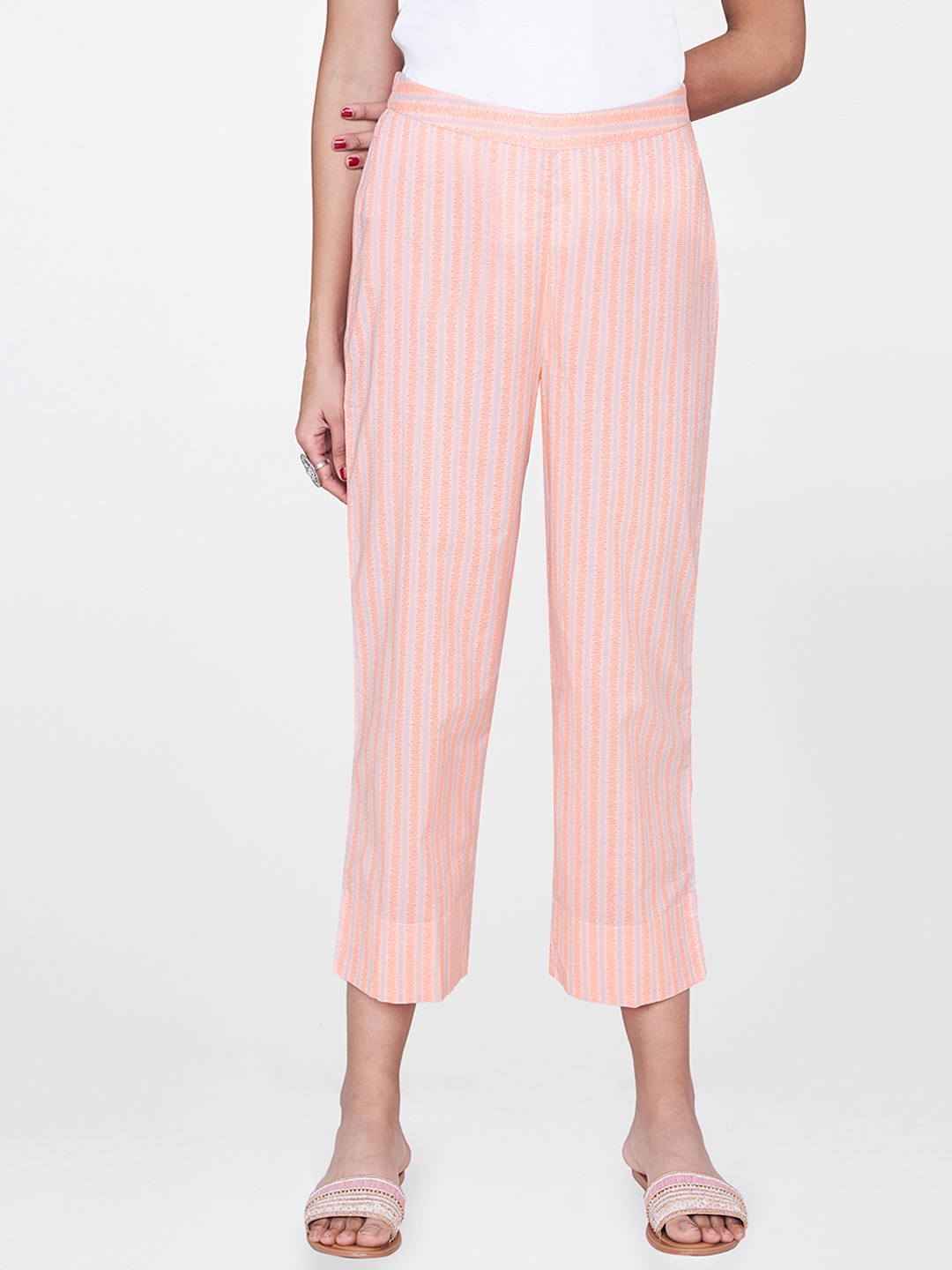 

Global Desi Women Pink & Blue Straight Fit Striped Cropped Trousers