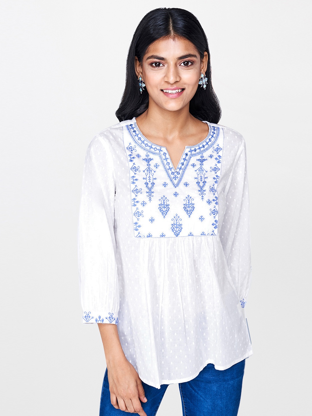 

Global Desi Women White & Blue Embroidered Pure Cotton Top