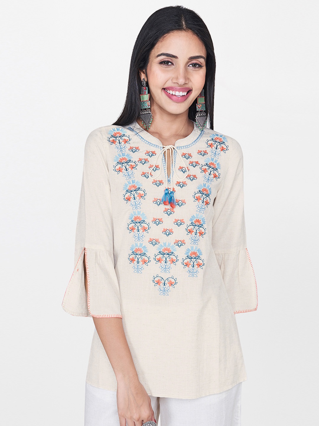 

Global Desi Women Beige Ethnic Embroidered Top