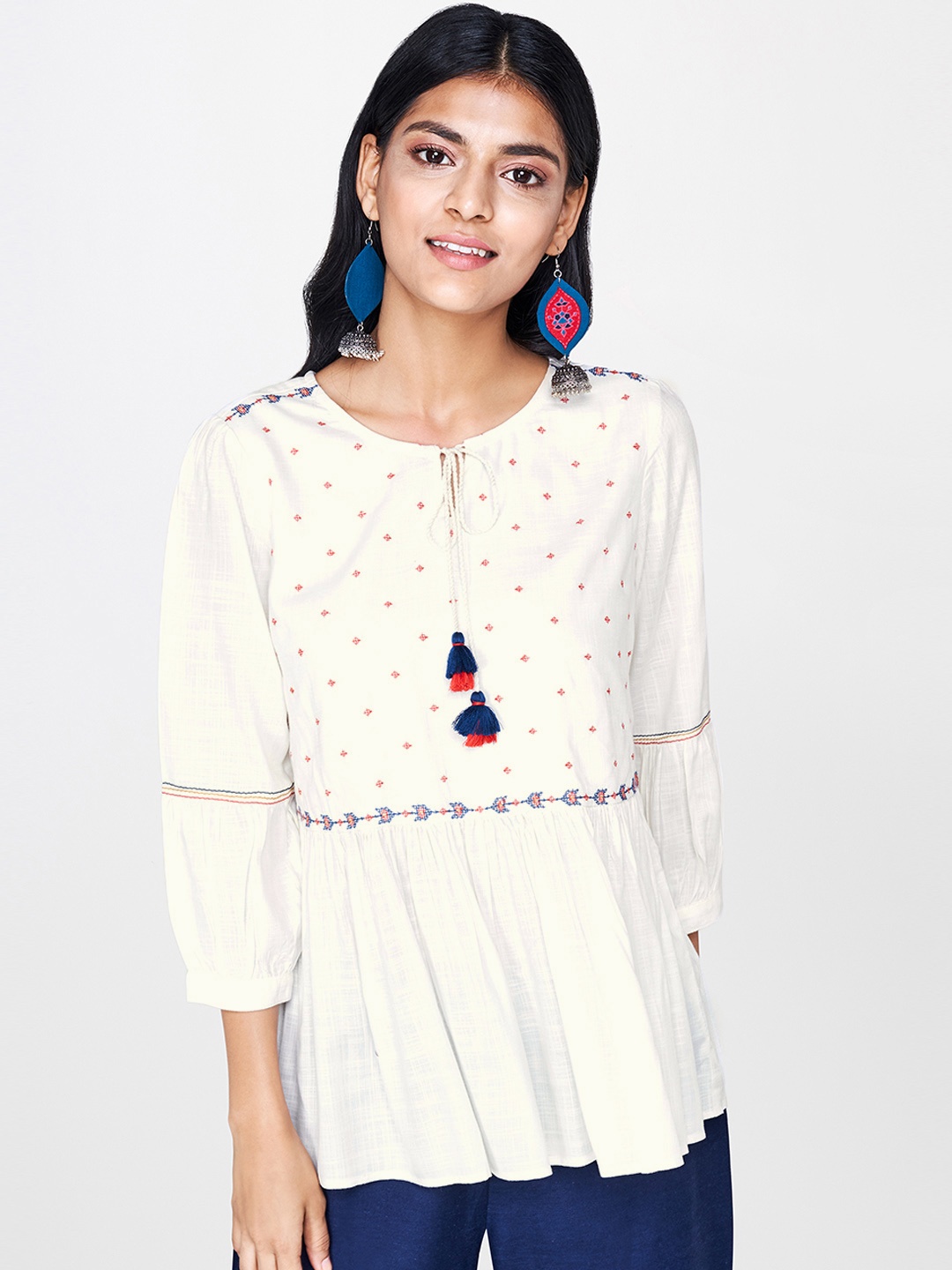 

Global Desi Women Off-White Embroidered Top
