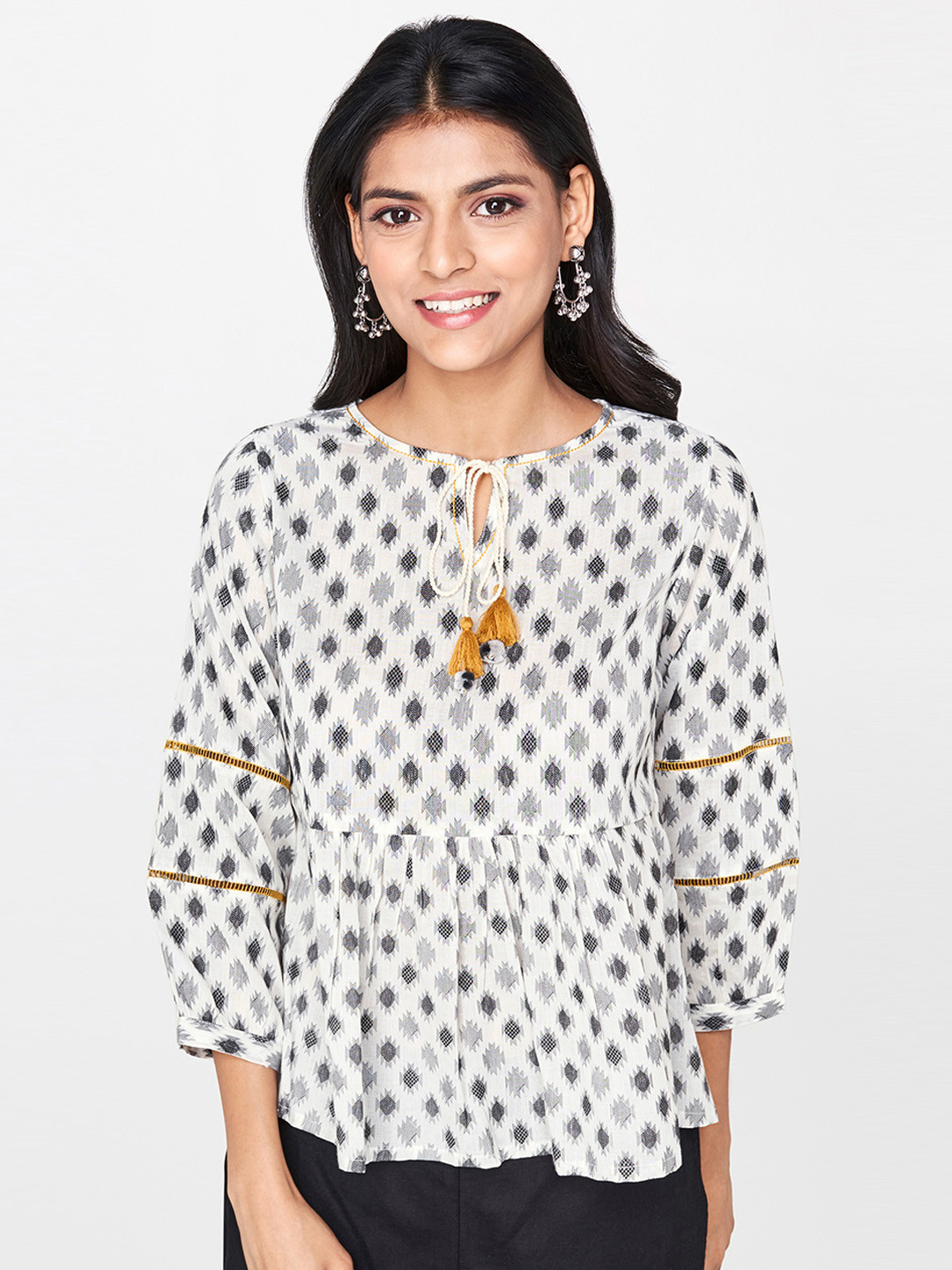 

Global Desi Women White & Black Self Design Top