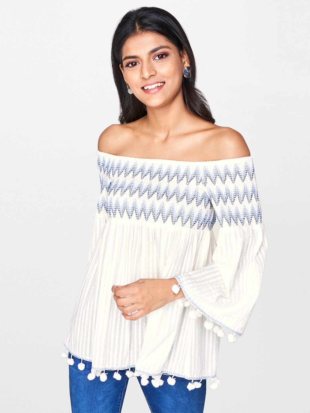 

Global Desi Women White & Blue Smocked Bardot Pure Cotton Top