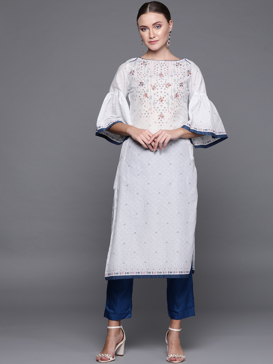 

Biba Women White & Blue Printed Straight Kurta