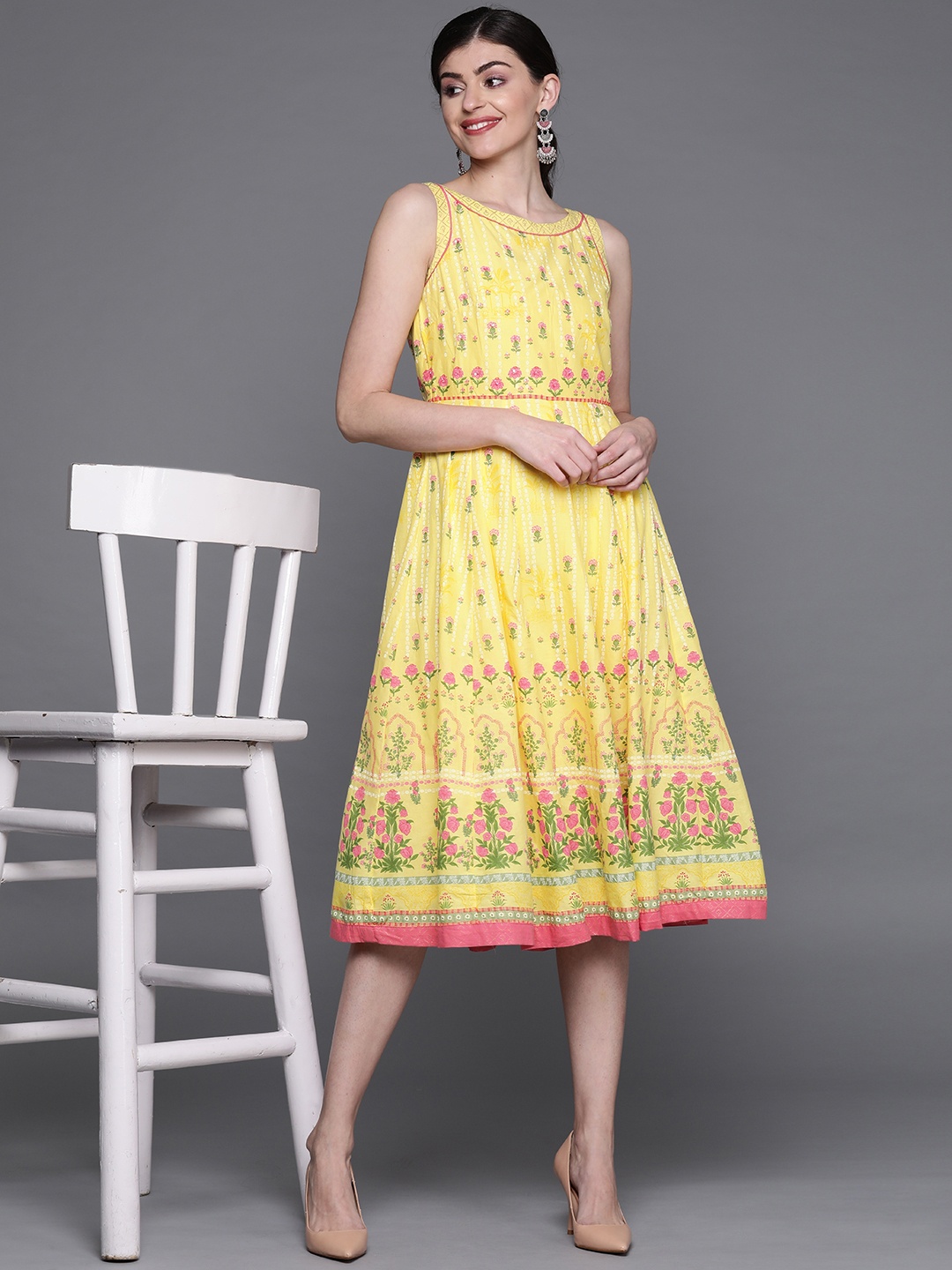 

Biba Women Yellow & Pink Floral Printed A-Line Dress
