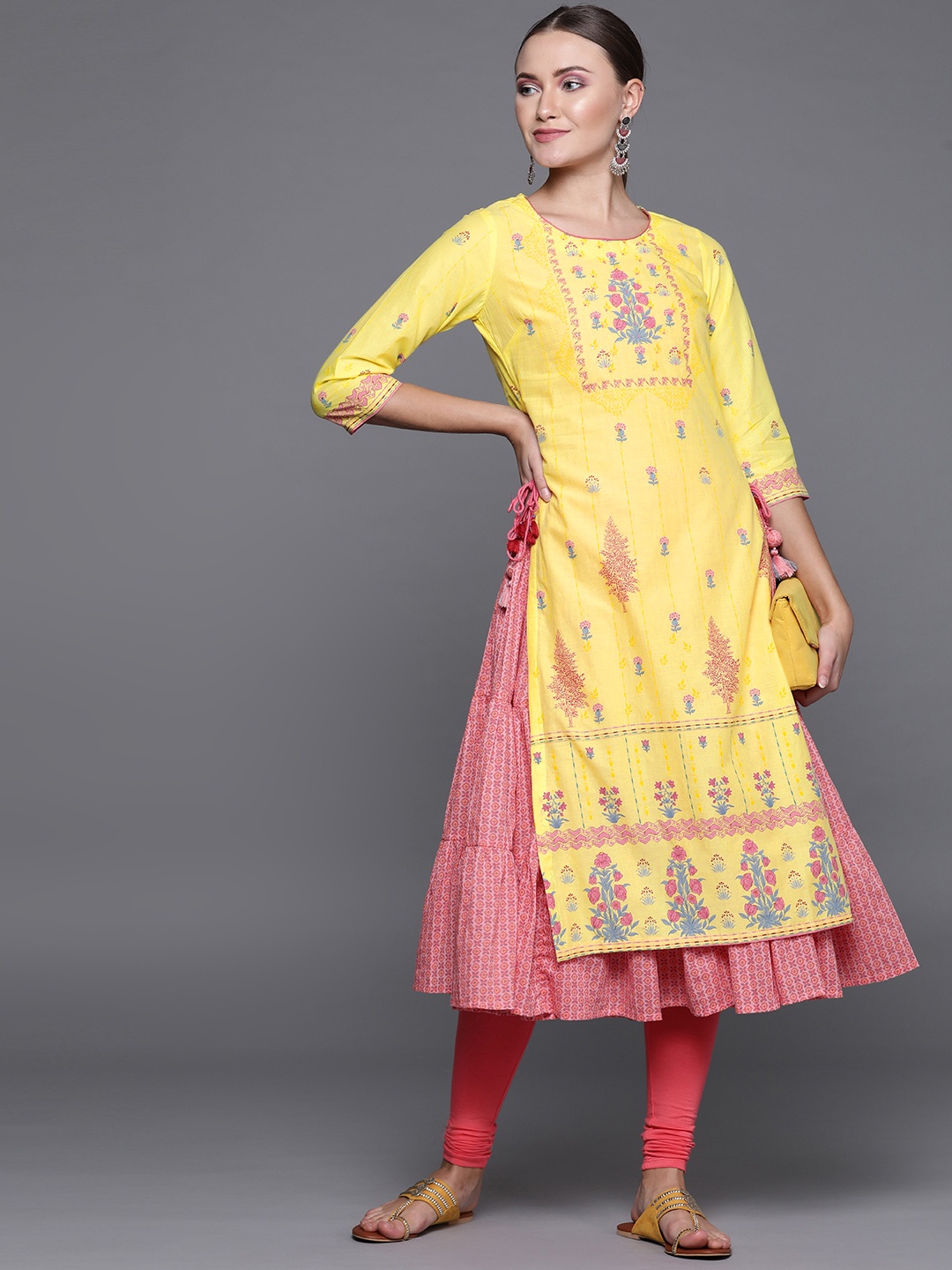 

Biba Women Yellow & Pink Printed Layered Kurta