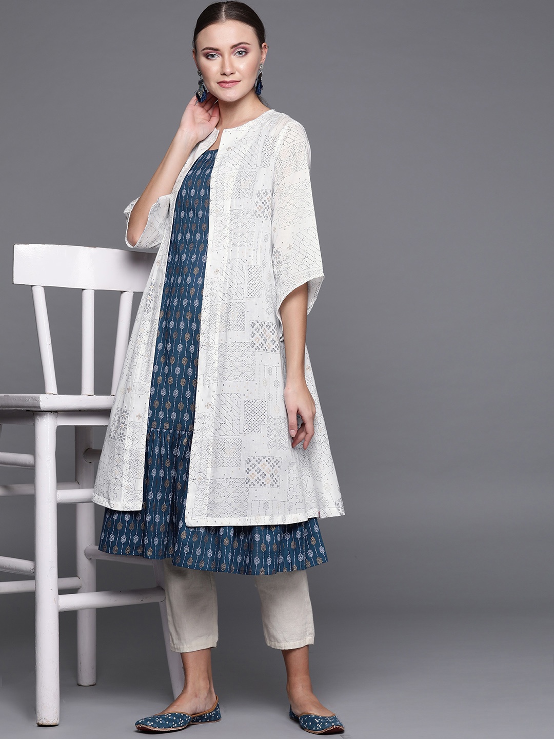 

Biba Women White & Blue Printed Layered A-Line Kurta