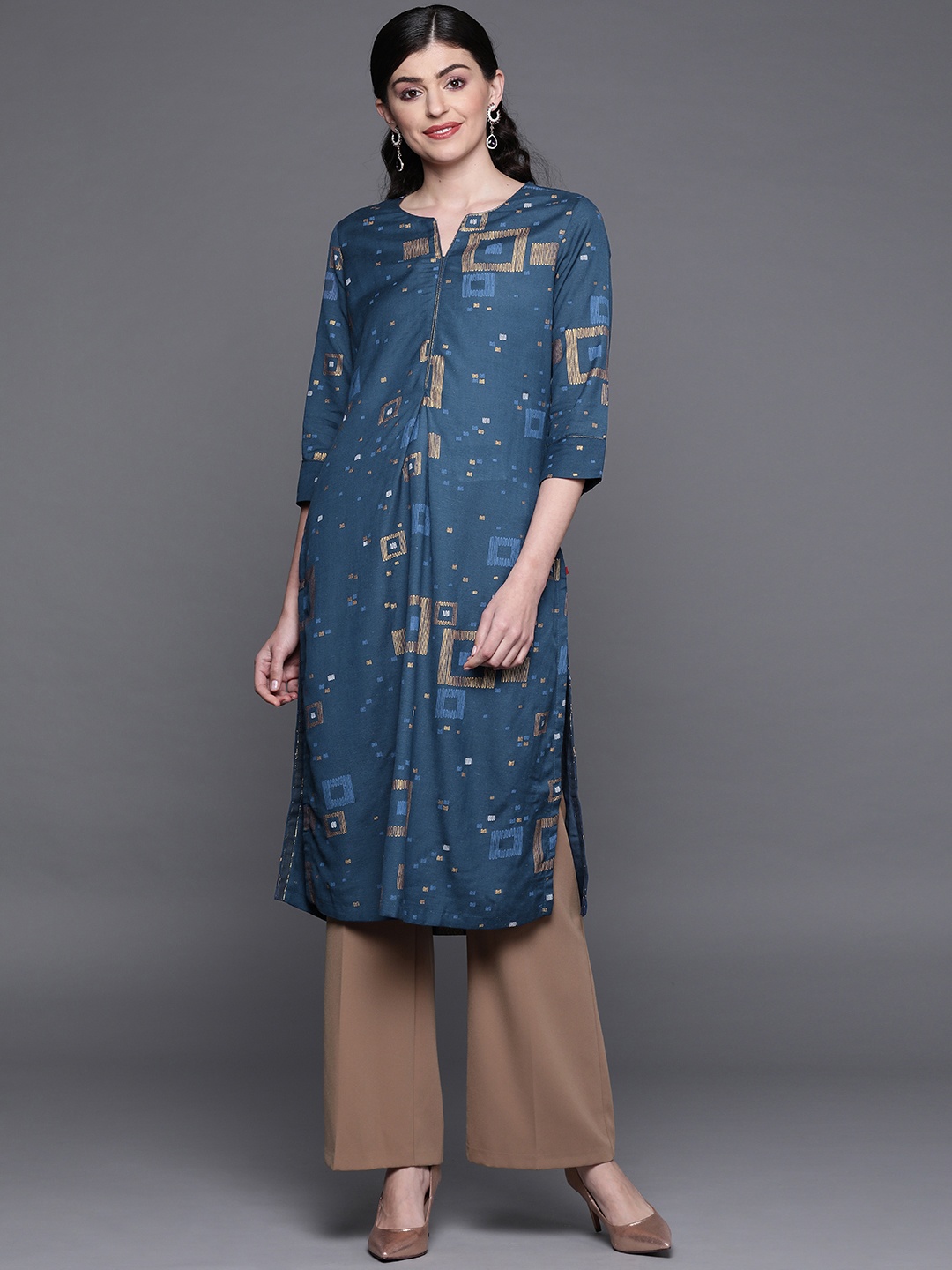 

Biba Women Navy Blue & Golden Printed straight Kurta