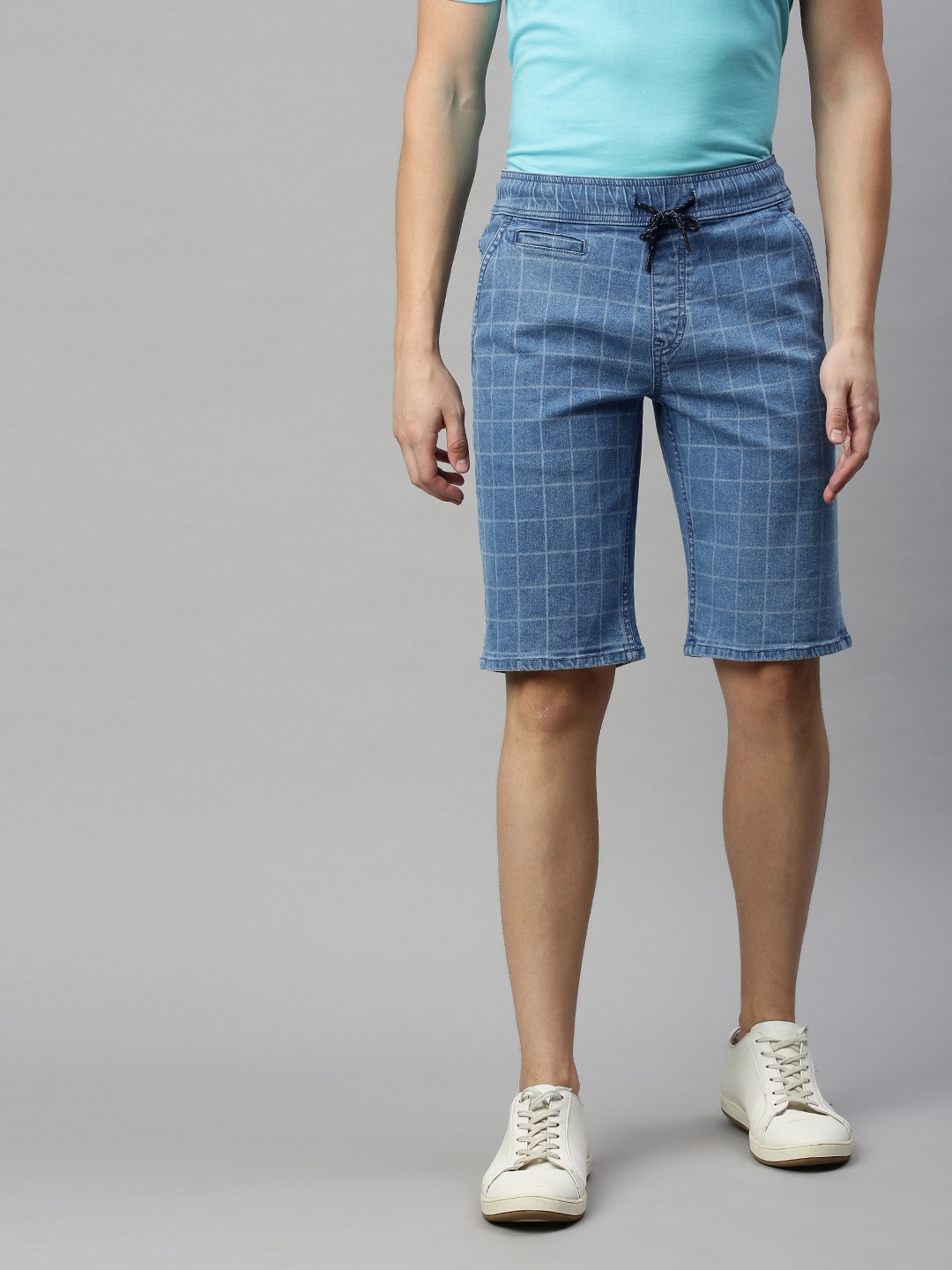 

Mast & Harbour Men Blue Checked Regular Fit Denim Shorts
