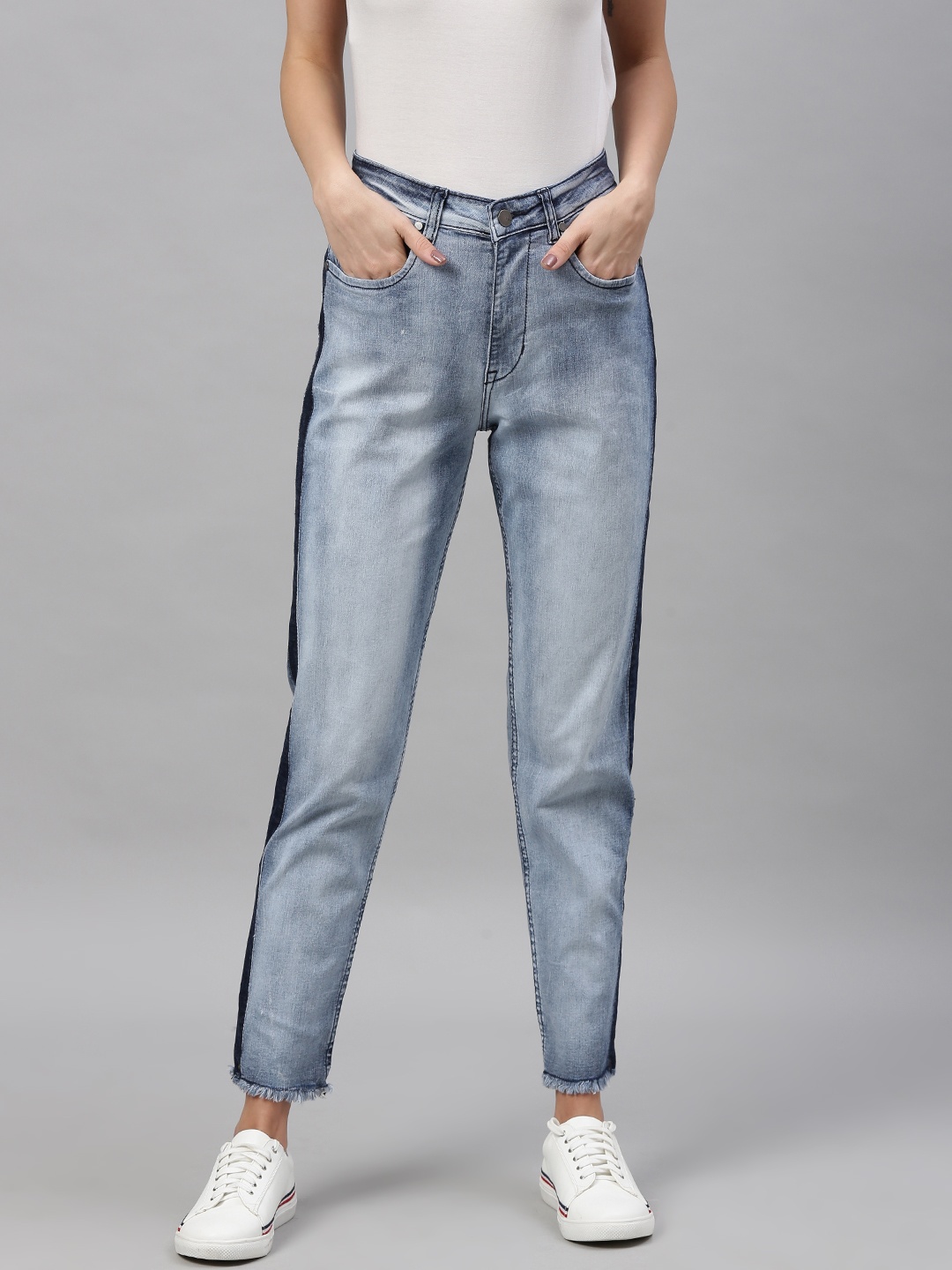 

Mast & Harbour Women Blue Boyfriend Fit Mid-Rise Clean Look Stretchable Side Striped Jeans