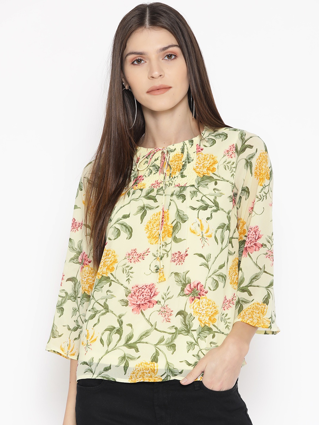 

AND Women Yellow & Green Floral Print Top