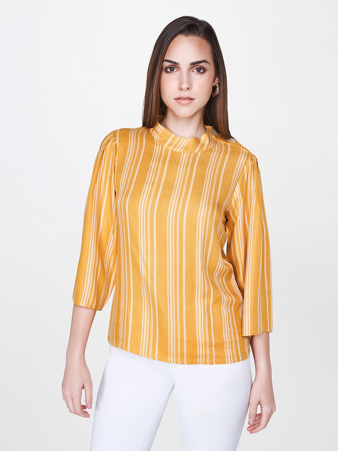 

AND Women Mustard Yellow & Off-White Striped Top With Button Detail