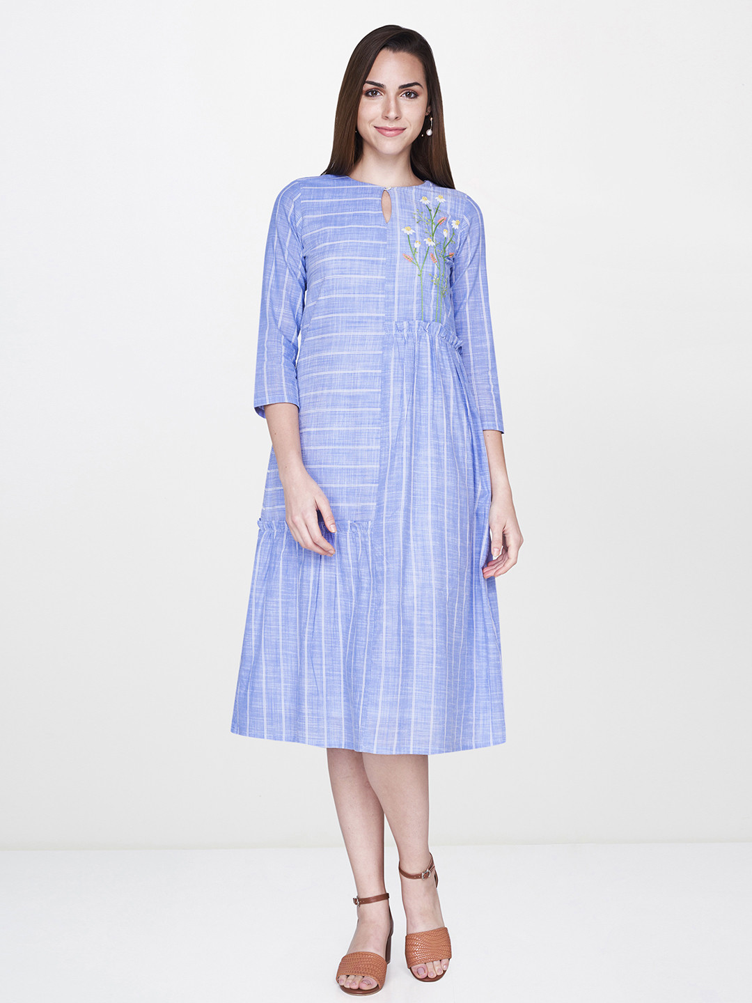 

AND Women Blue & White Striped A-Line Dress With Embroidered Detail
